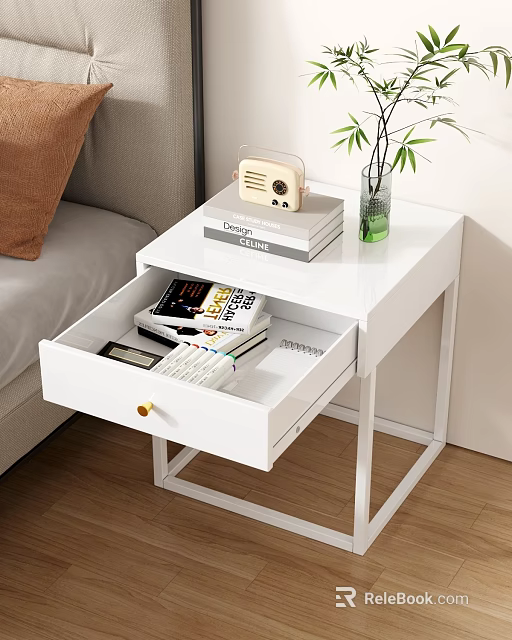 White Bedroom Nightstand With Open Drawer Books Radio And Green Vase 3d model 