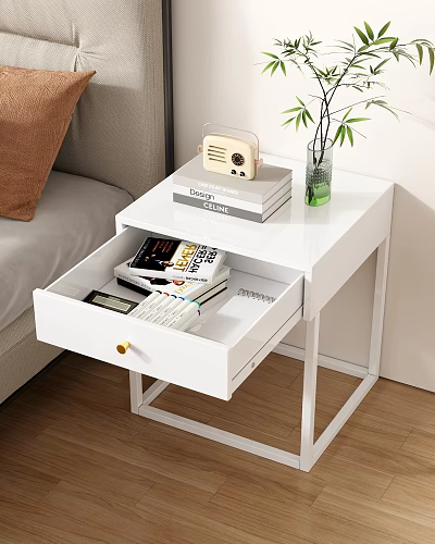 White Bedroom Nightstand With Open Drawer Books Radio And Green Vase 3d model