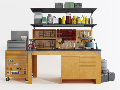 Functional Workbench with Upper Storage Shelves Tools Drawers and Cabinets 3d model