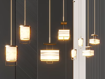 Modern Pendant Lights With Rectangular Textured Shades Hanging On Striped Wall 3d model