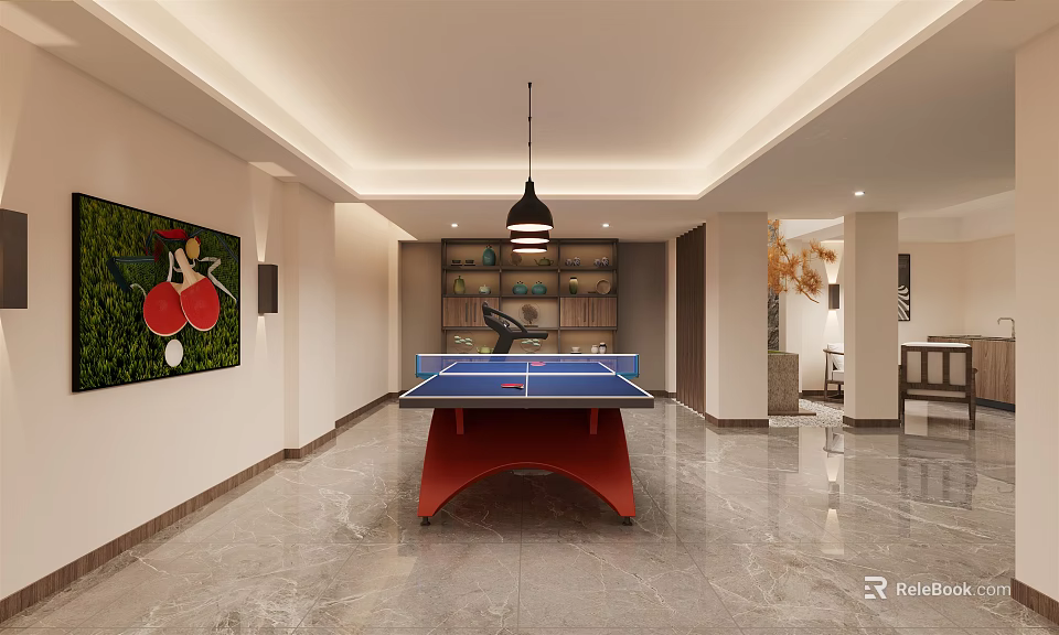 Spacious Basement With Blue Ping Pong Table Red Racket Painting Pendant Light Shelves And Marble Floor 3d model 