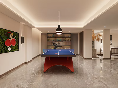 Spacious Basement With Blue Ping Pong Table Red Racket Painting Pendant Light Shelves And Marble Floor 3d model