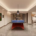 Spacious Basement With Blue Ping Pong Table Red Racket Painting Pendant Light Shelves And Marble Floor