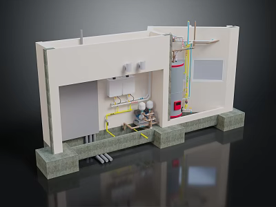 Industrial Mechanical Equipment With Piping System In Building Structure Layout 3d model