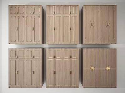 Various Wooden Wardrobes With Golden Hardware And Elegant Design Details 3d model