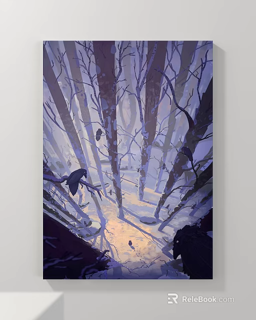 Misty Forest Landscape Painting With Sunlight Through Tall Trees And Crows On Snowy Ground 3d model 