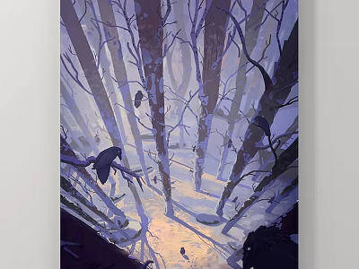 Misty Forest Landscape Painting With Sunlight Through Tall Trees And Crows On Snowy Ground 3d model