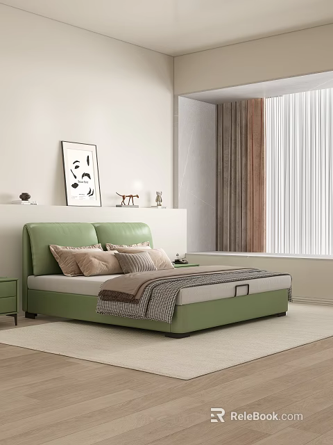 Modern Bedroom Interior With Green Leather Double Bed Pillows Blanket Decorative Painting And Curtains 3d model 