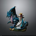 Woman in White Dress Holding Staff with Blue Dragon Decorative Statue