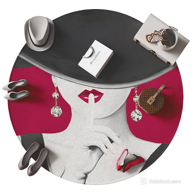 Stylish Red And Gray Round Rug With Women's Fashion Accessories Shoes Earrings Lipstick And Handbag 3d model 