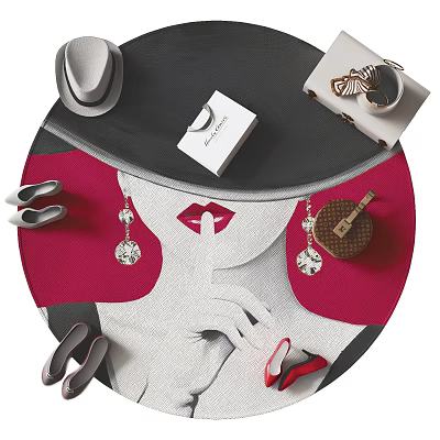 Stylish Red And Gray Round Rug With Women's Fashion Accessories Shoes Earrings Lipstick And Handbag 3d model