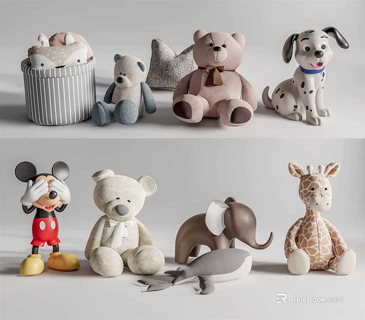 Plush Stuffed Dolls Collection With Teddy Bear Dog Mickey Mouse Giraffe Elephant And Whale 3d model 