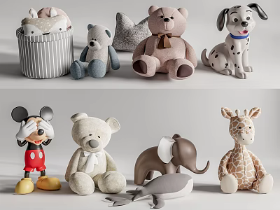 Plush Stuffed Dolls Collection With Teddy Bear Dog Mickey Mouse Giraffe Elephant And Whale 3d model