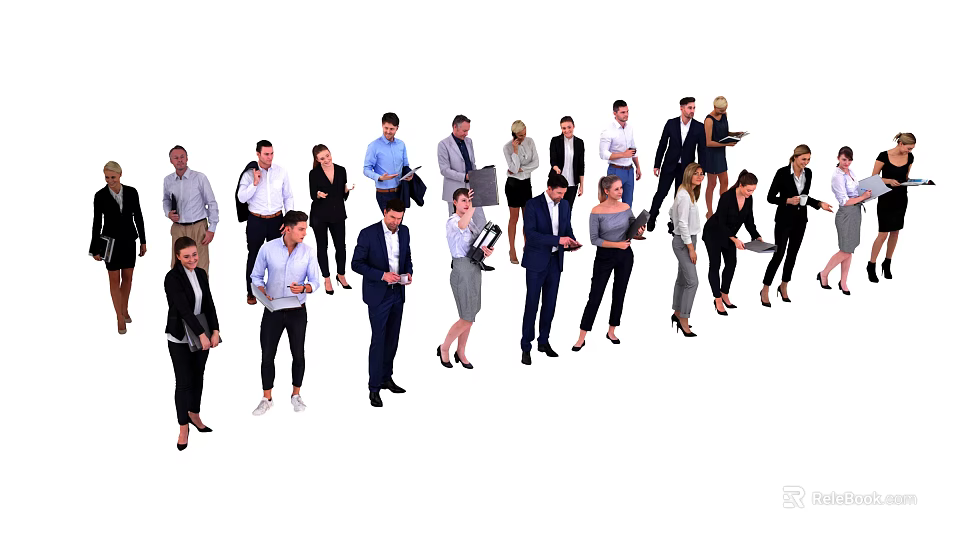 Diverse Group of Business Professionals in Formal Attire Standing Together Holding Documents 3d model 