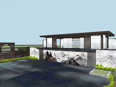 Modern Building Exterior With Large Glass Windows Green Plants And Circular Decoration 3d model