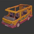 Yellow and Pink Toy Bus with Blue Wave Patterns Red Sun Design and Blue Seats