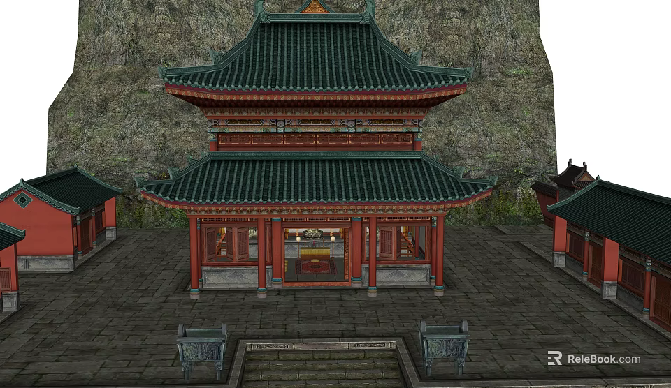 Ancient Chinese Architecture Featuring Two Story Green Tiled Roof Red Pillars And Mountain Background 3d model 