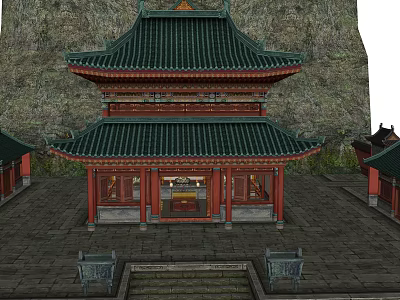 Ancient Chinese Architecture Featuring Two Story Green Tiled Roof Red Pillars And Mountain Background 3d model