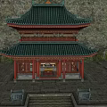 Ancient Chinese Architecture Featuring Two Story Green Tiled Roof Red Pillars And Mountain Background