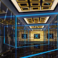 Modern KTV Interior Design With Mirrored Walls Blue Light Strips And Gold Square Ceiling Panels