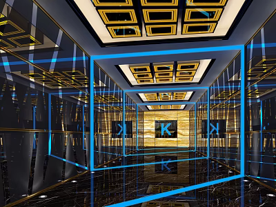 Modern KTV Interior Design With Mirrored Walls Blue Light Strips And Gold Square Ceiling Panels 3d model