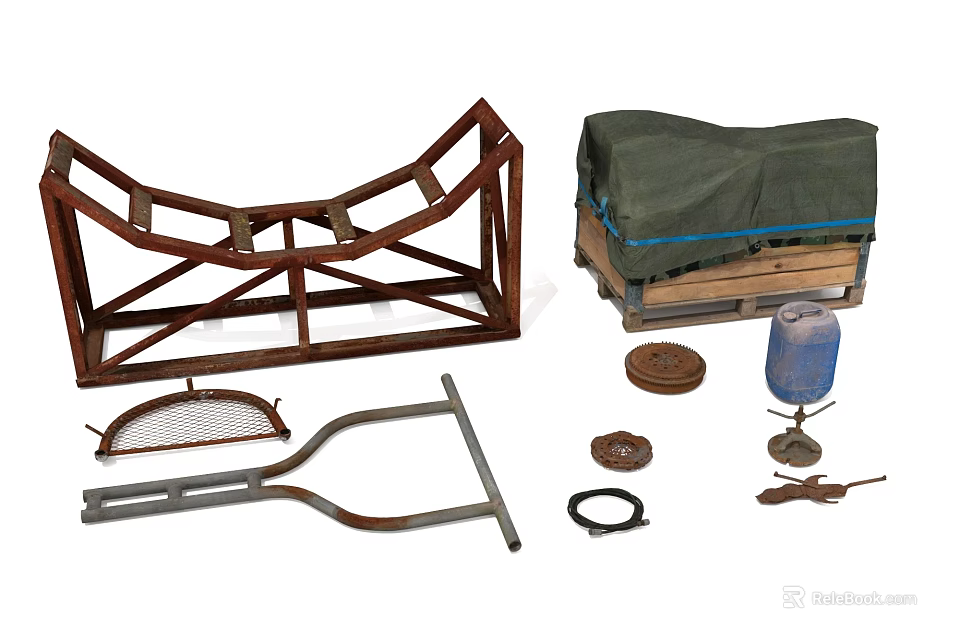 Industrial Equipment Parts Including Metal Frame Bent Pipes Circular Components And Canvas Crate 3d model 