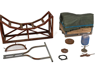 Industrial Equipment Parts Including Metal Frame Bent Pipes Circular Components And Canvas Crate 3d model