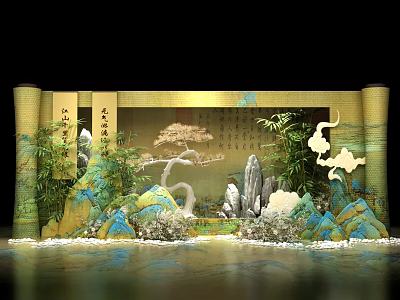 Chinese Style Scenic Photo Spot With Scrolls Calligraphy Pine Tree Bamboo And Rock Formations 3d model