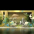 Chinese Style Scenic Photo Spot With Scrolls Calligraphy Pine Tree Bamboo And Rock Formations