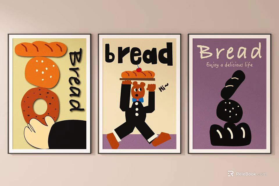 Colorful Bread Themed Wall Art Posters With Various Illustrations And Typography 3d model 