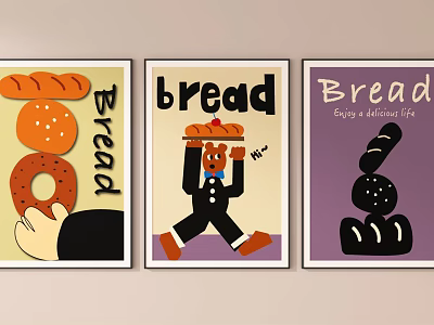 Colorful Bread Themed Wall Art Posters With Various Illustrations And Typography 3d model