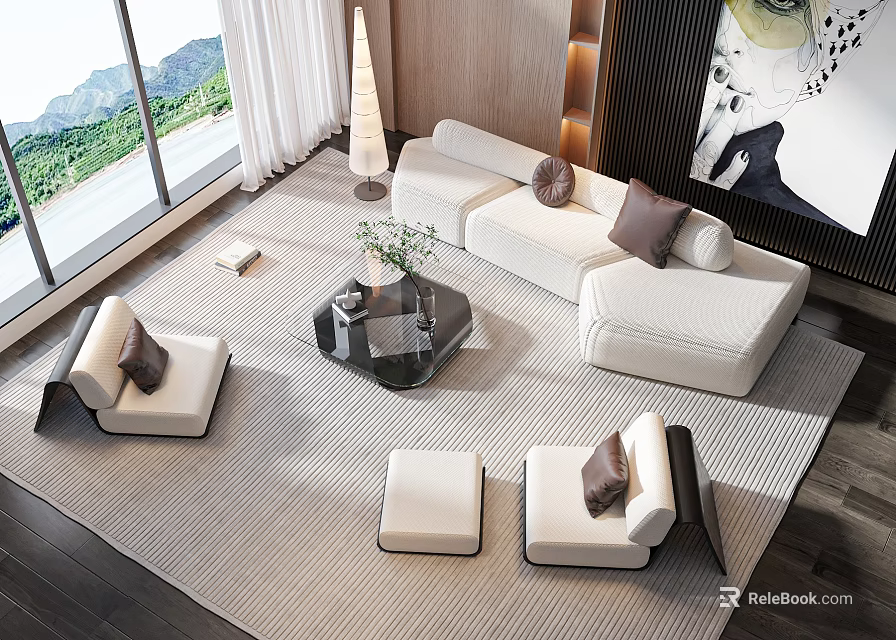 Elegant Modern Sofa and Coffee Table Set with White Cushions Glass Top and Soft Living Rug 3d model 