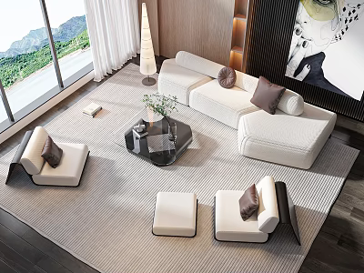 Elegant Modern Sofa and Coffee Table Set with White Cushions Glass Top and Soft Living Rug 3d model