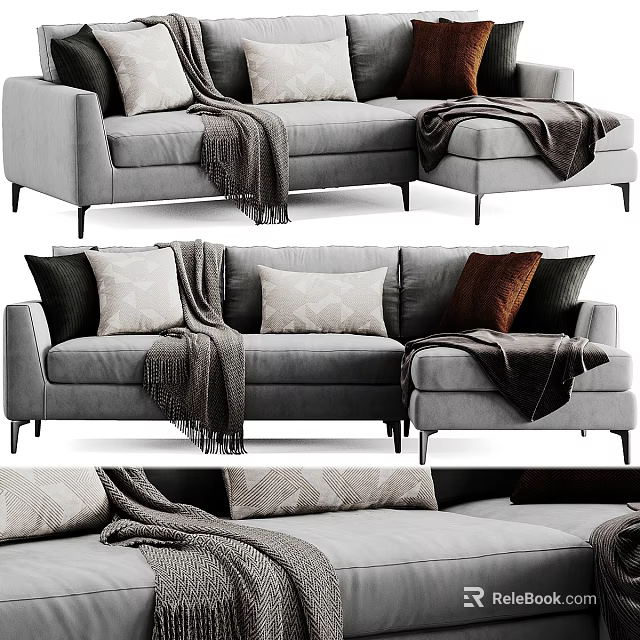 Stylish Modern Gray Sofa Set With Decorative Pillows And Cozy Blankets 3d model