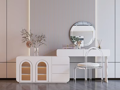 Modern White Dressing Table With Round Mirror Drawers Chair And Striped Wall Panel 3d model
