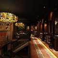 Indian Restaurant With Outdoor Seating Wooden Decor Arched Windows Colorful Tablecloths And Palm Trees