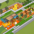 Colorful Kids Play Area With Play Equipment Greenery Seating And Sports Court