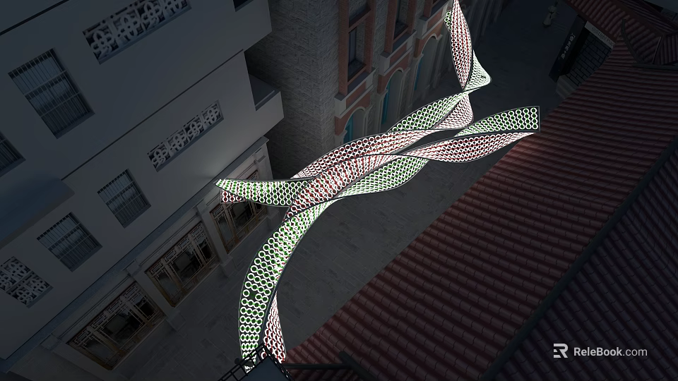 Artistic Curved Perforated Irregular Shaped Chandelier Hanging Over Rooftop Plaza 3d model 