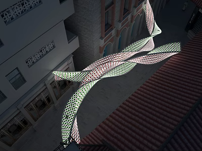 Artistic Curved Perforated Irregular Shaped Chandelier Hanging Over Rooftop Plaza 3d model