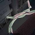 Artistic Curved Perforated Irregular Shaped Chandelier Hanging Over Rooftop Plaza
