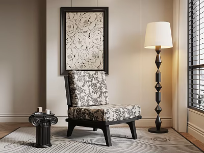 Stylish Living Room Interior With Patterned Armchair Floor Lamp And Decorative Painting 3d model