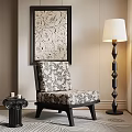 Stylish Living Room Interior With Patterned Armchair Floor Lamp And Decorative Painting