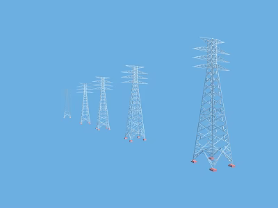 Industrial Transmission Towers Metal Structure With Varying Heights And Red Bases 3d model