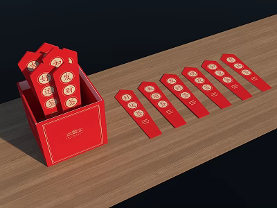 Red Decorative Tags With White Circular Patterns In Red Box On Wooden Table 3d model