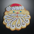 Christmas Themed Santa Shaped Cookie With White Frosting Curls Red Hat Blue Eyes Red Nose