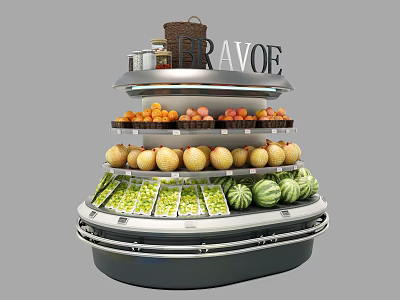 Multi tiered Display Shelf for Fresh Fruits Display with BRAVOE Sign in Retail Store 3d model