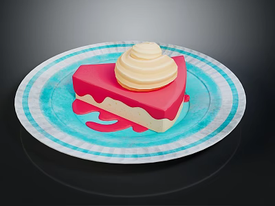 Pink Cake Slice With Cream Topping On Blue Paper Plate And Red Sauce Drizzle 3d model