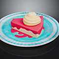 Pink Cake Slice With Cream Topping On Blue Paper Plate And Red Sauce Drizzle