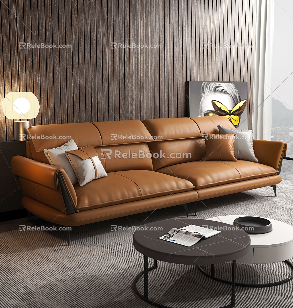 Modern Living Room Three-Seat Sofa Light Luxury Leather Sofa 3d model