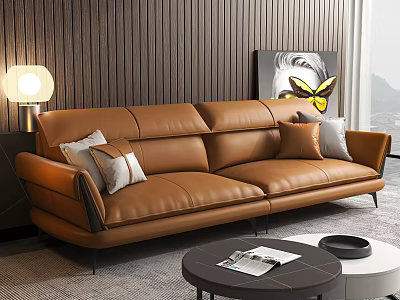 Modern Brown Leather Three Seater Sofa With Floor Lamp Wall Painting And Coffee Table 3d model